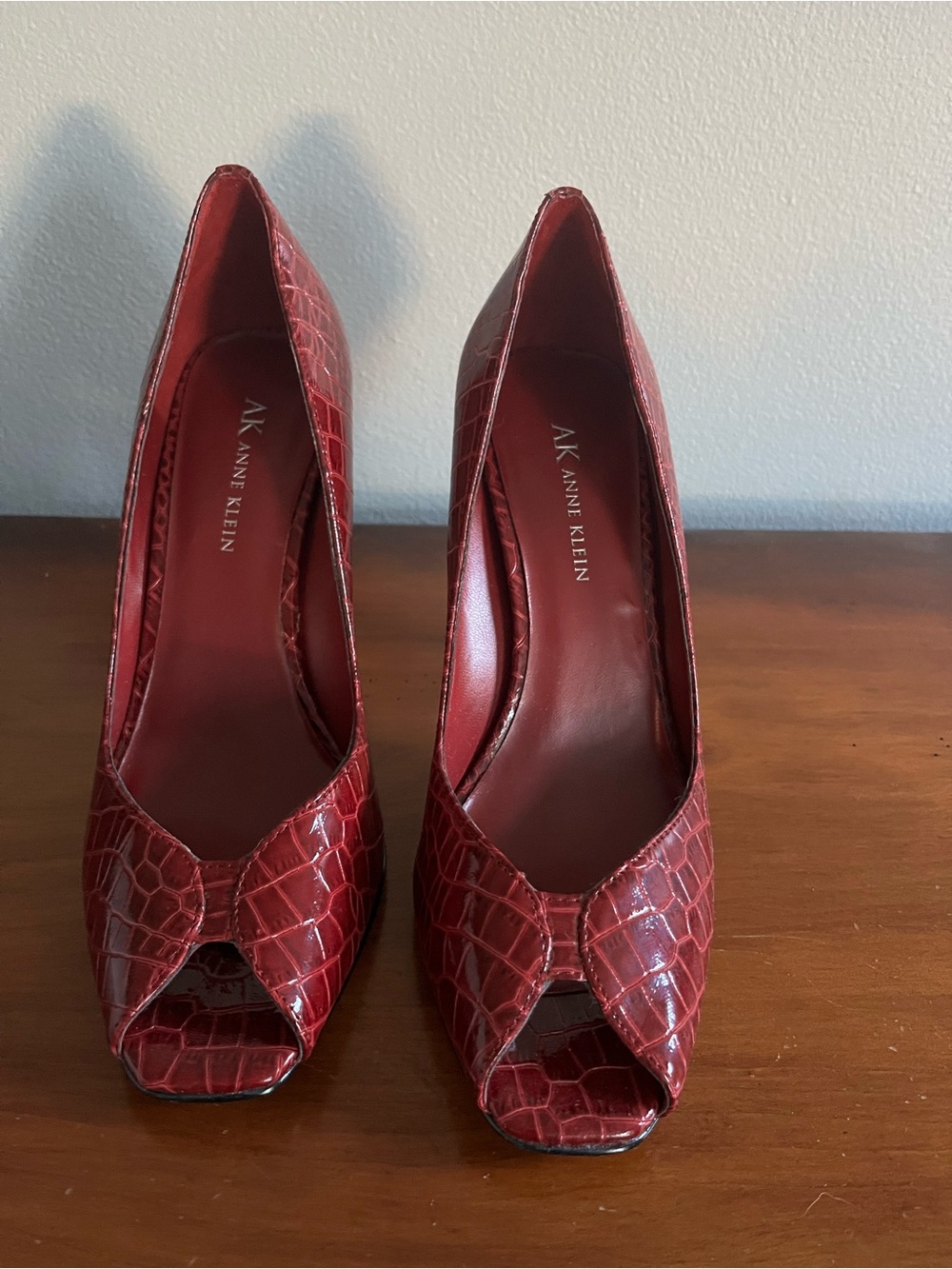 Anne Klein Red Croc-Embossed Peep-Toe Pumps
